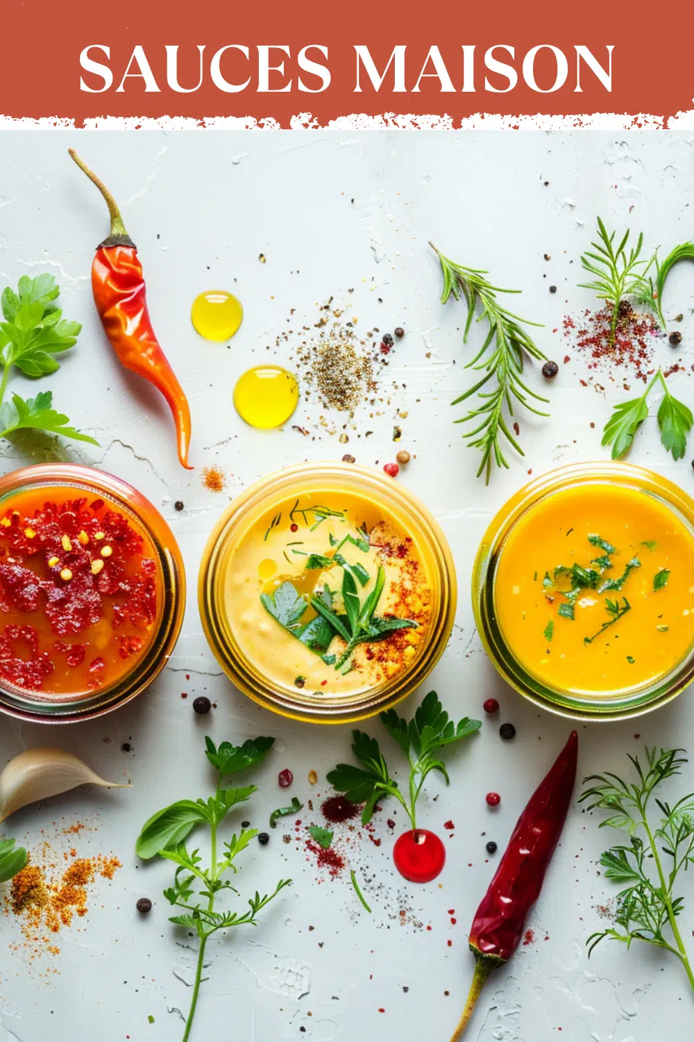 Sauces Maison | Recettes simples et savoureuses Recettes de sauces maison : sauces rouge, jaune et orange avec herbes fraîches, huile d’olive et épices.