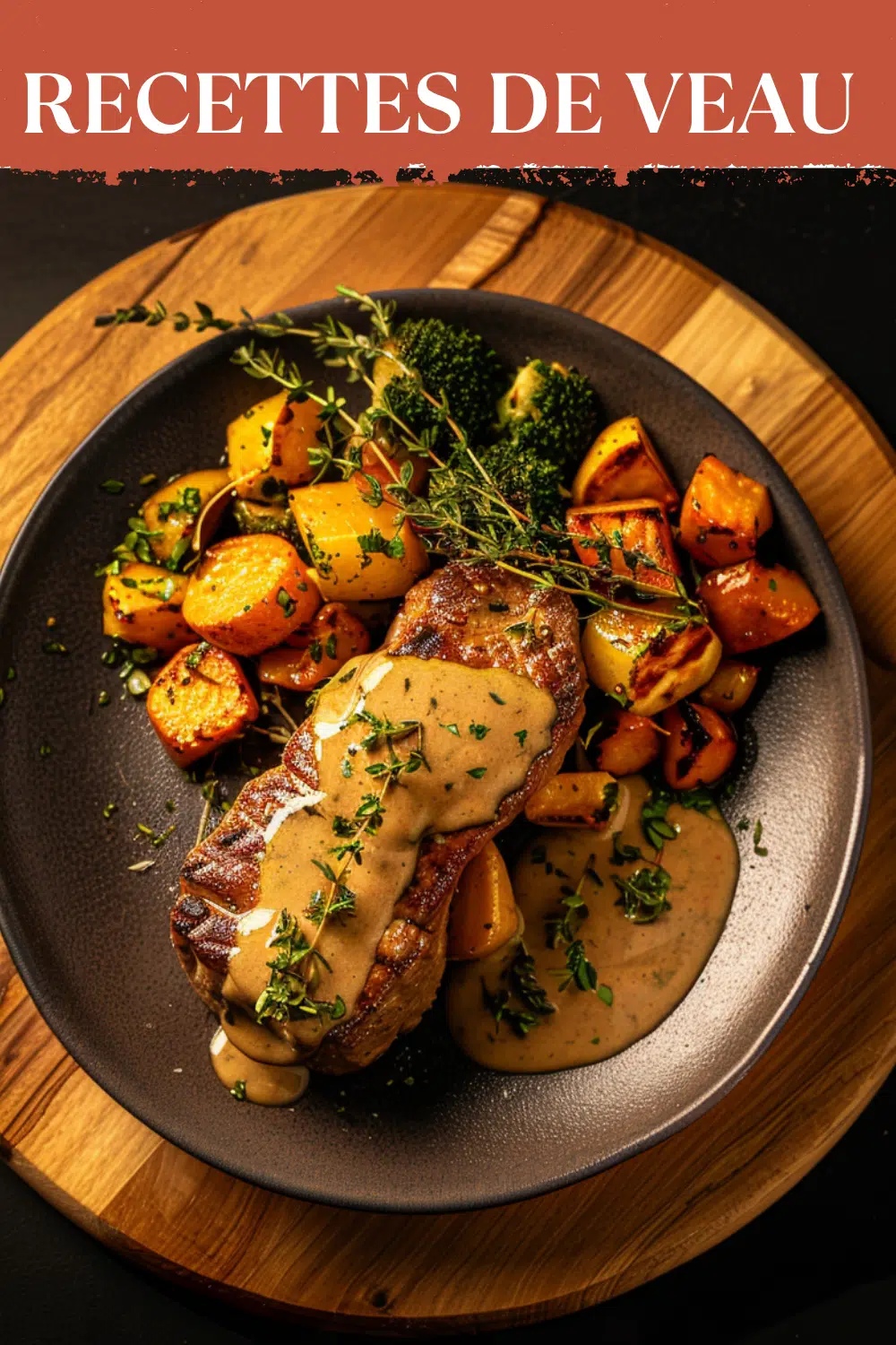 Recettes de Veau | Plats tendres et gourmands Filet de veau grillé nappé de sauce, servi avec pommes de terre rôties, brocoli et herbes.