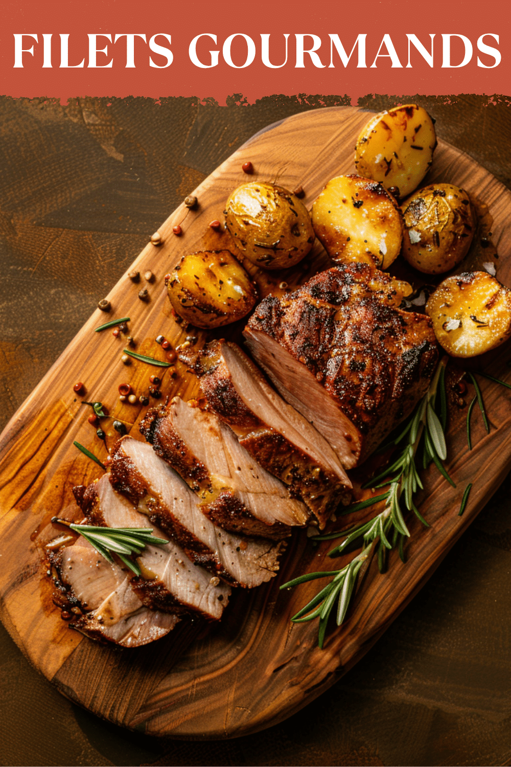 Filets Gourmands | Recettes faciles et généreuses Tranches de filet de viande rôtie avec pommes de terre au romarin, poivre et herbes sur planche rustique.