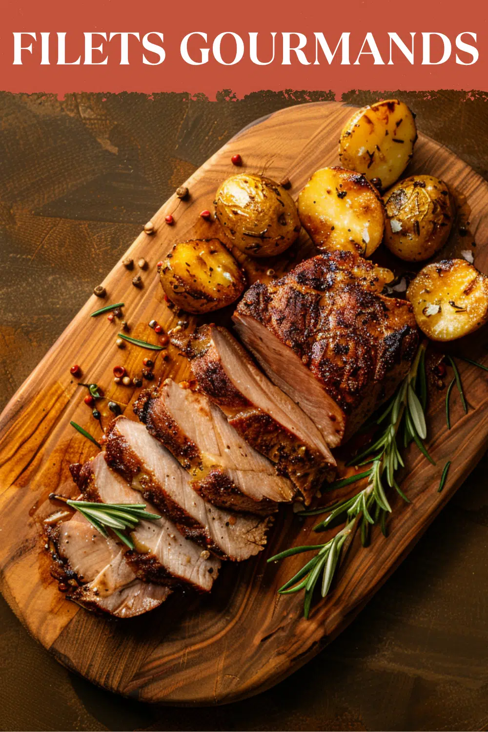 Filets Gourmands | Recettes faciles et généreuses Tranches de filet de viande rôtie avec pommes de terre au romarin, poivre et herbes sur planche rustique.